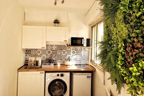 une petite cuisine avec un lave-linge. dans l'établissement Parking privé + Jardin + Clim proche Plage & Resto, à Cagnes-sur-Mer