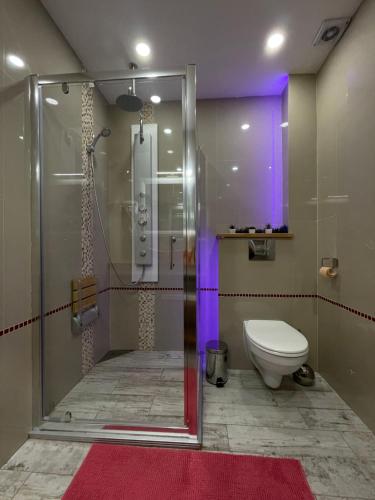 een badkamer met een douche en een toilet met paars licht bij VOYAGE CUBIC Adults Only in Sibiu