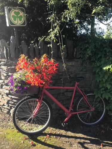 a red bike parked next to a stone wall with flowers at Blackrath Farmhouse in Dún Luáin
