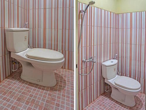 two pictures of a bathroom with a toilet and a shower at OYO 91649 Orange Homestay Makassar in Makassar