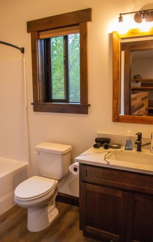 a bathroom with a toilet and a sink and a mirror at Glacier Homestead in Coram