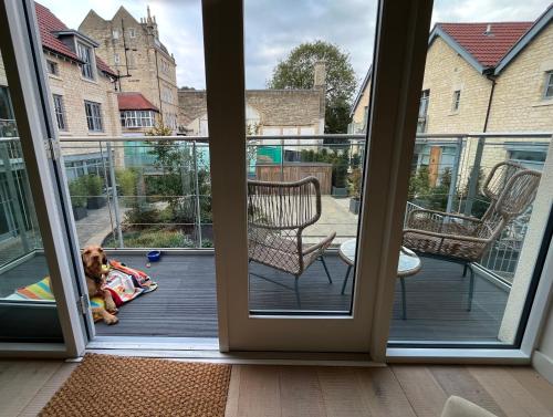 a dog sitting on a porch looking out the door at Walcot Yard with parking, Bath Keys in Bath