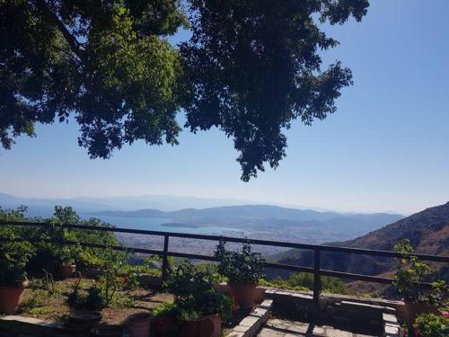 a view of the mountains from a balcony with plants at Archontiko Stafylopati in Makrinitsa