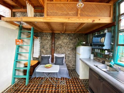 a kitchen with a bunk bed in a tiny house at La Casita Azul in Caleta de Interián