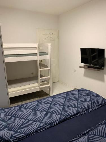 Apartmani Šišava apt "HARMONY" Vlašić في فلاسيتش: غرفة نوم مع سرير بطابقين وتلفزيون
