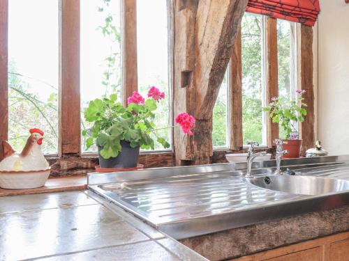 uma cozinha com um lavatório e algumas flores e janelas em Ona Ash em Penrith