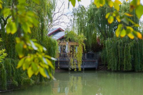 a house sitting on the side of a river at Perricoota Vines Retreat in Moama