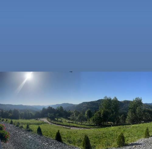 a view of a road with the sun in the sky at Pensiunea Agroturistica Acvila Apusenilor in Vadu Moţilor