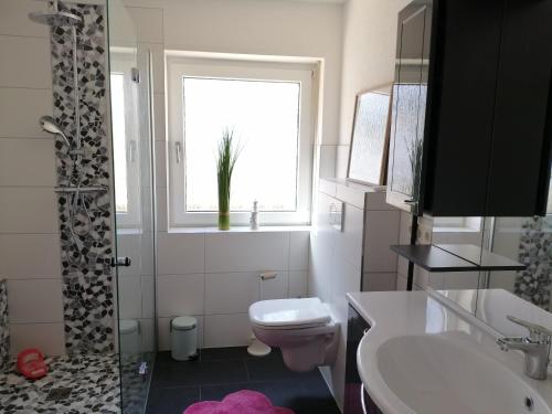 baño con aseo y lavabo y ventana en Ferienhaus Elwetritsche in Landau/Pfalz en Landau in der Pfalz