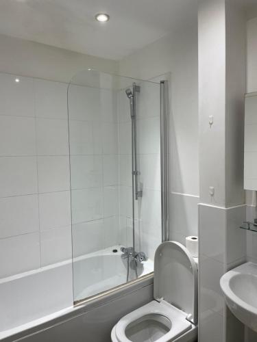 倫敦的住宿－Bethnal Cove，白色的浴室设有卫生间和水槽。