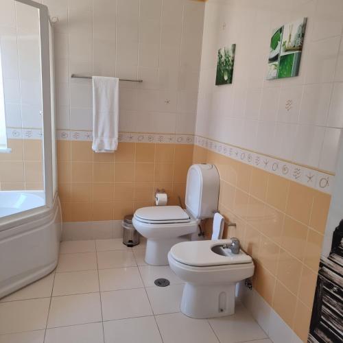 a bathroom with a white toilet and a sink at Casa Dos Cedros in Lagos