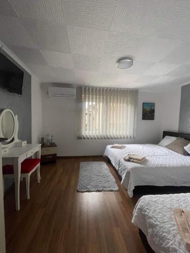 a bedroom with two beds and a desk and a mirror at Pro arte in Kladovo