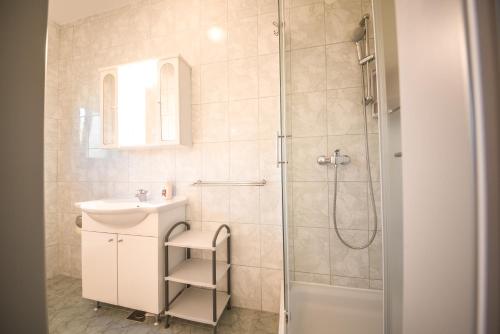 ein Bad mit einer Dusche und einem Waschbecken in der Unterkunft Apartments and rooms by the sea Vrsi - Mulo, Zadar - 5848 in Vrsi