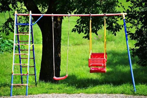 a swing and a ladder next to a tree at Ferienwohnung Himmelsbach in Gengenbach