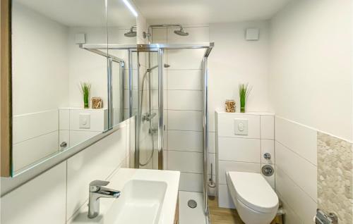a bathroom with a shower and a sink and a toilet at Sanddorn in Gollwitz