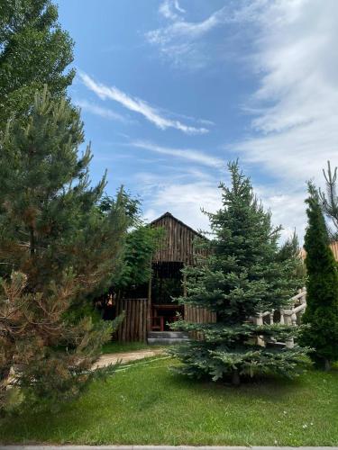 a group of trees in a yard with a barn at Orsetto in Sevan