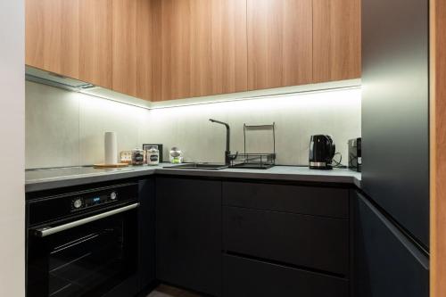 a kitchen with black appliances and wooden cabinets at President Apartman Spa in Vračar (historical)