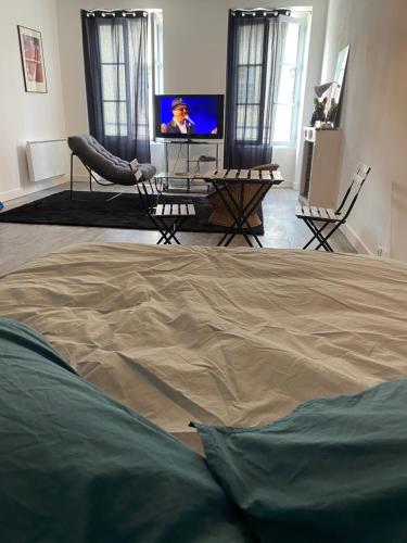 a living room with a bed and a flat screen tv at Studio Plein Centre in Rambouillet