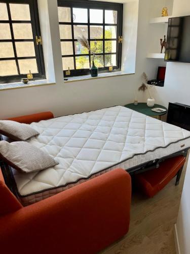 Cette chambre comprend un grand lit et 2 fenêtres. dans l'établissement Haut standing (50m²) - Cholet Centre, à Cholet