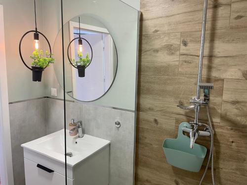 a bathroom with a sink and a mirror at Calm Apartment nr 8 in Olsztyn