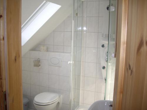 y baño con ducha, aseo y lavamanos. en Landgasthof Zur Linde en Münchhausen