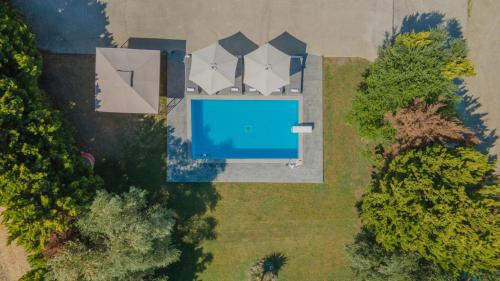 widok na basen w ogrodzie z drzewami w obiekcie Emma's Luxury Villa w mieście Pastida