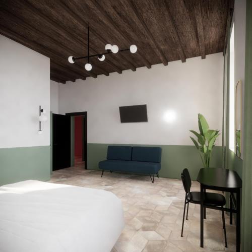 ローマにあるOffのベッドルーム1室(ベッド1台、テーブル、椅子付)
