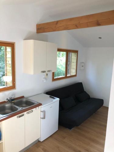 kuchnia z czarną kanapą w pokoju w obiekcie Tiny house détente nature la maison du pêcheur w mieście Pulligny