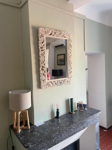 a room with a fireplace with a mirror on the wall at L'Adrion in Draguignan