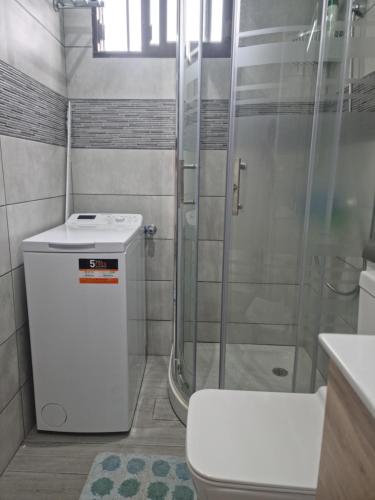 La salle de bains est pourvue d'une douche, de toilettes et d'un lavabo. dans l'établissement Luxury apartment in Puerto Rico -Gran Canaria, à Mogán