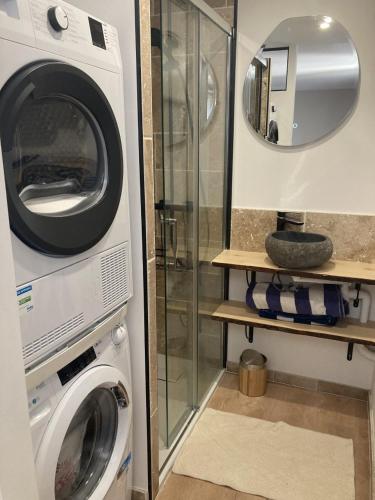 - une buanderie avec un lave-linge et un miroir dans l'établissement Maison Etretat à 50 mètres de la plage, à Étretat