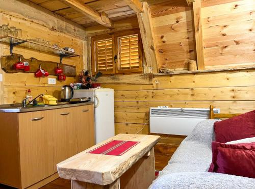eine Küche mit einem Kühlschrank und einem Tisch in einer Hütte in der Unterkunft Cottage Bumblebee in Žabljak