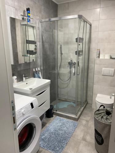 a bathroom with a shower and a washing machine at Amfora Suite in Trebinje