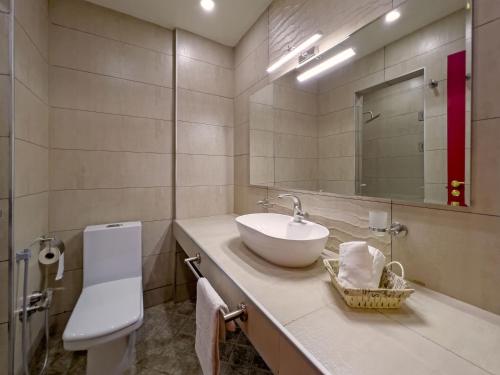 bagno con lavandino, servizi igienici e specchio di Denis hotel a Tbilisi City