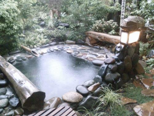 a small pool of water in a garden at Kamesei Ryokan in Chikuma