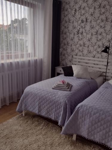 a bedroom with two beds and a window at Apartament nad Jeziorakiem in Iława