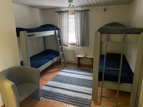 Cette chambre comprend 2 lits superposés et une chaise. dans l'établissement Fjällgården Grövelsjön Gamla Scoutgården, à Grövelsjön