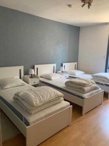 een kamer met drie bedden en twee nachtkastjes bij Les Gîtes des Serves in Chavanay