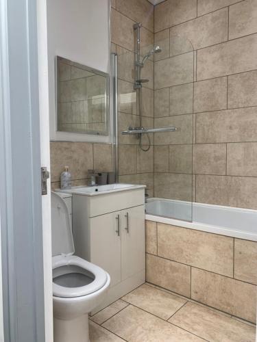 a bathroom with a toilet and a sink and a shower at Cosy 2 Bed Apartment in central Kirkby Lonsdale in Kirkby Lonsdale