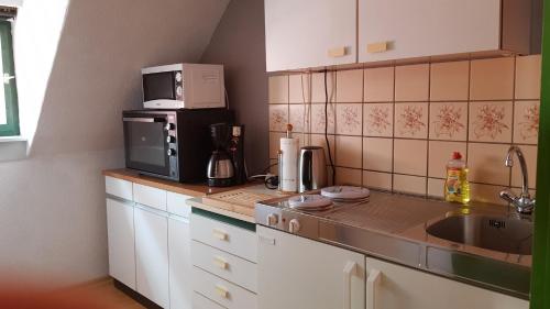 a small kitchen with a sink and a microwave at Ferienwohnung Mönch in Christes