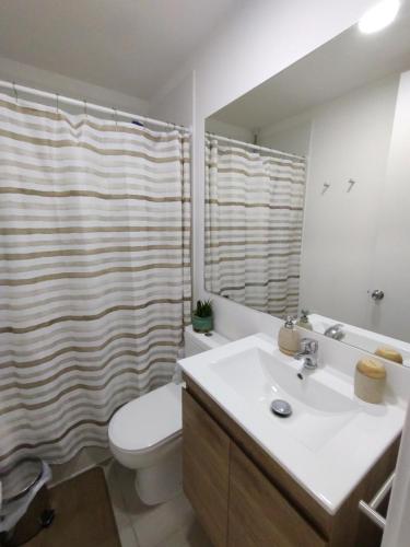 a bathroom with a sink and a toilet and a shower at Departamento con vista al mar en Condominio Lagunamar in Las Cruces