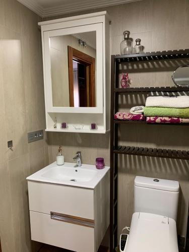 a bathroom with a sink and a mirror and a toilet at Ático gran manzana granada in Granada