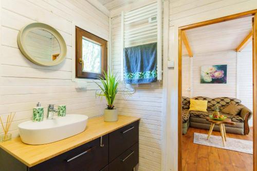 a bathroom with a sink and a mirror at Domek letniskowy nad jeziorem in Łąck