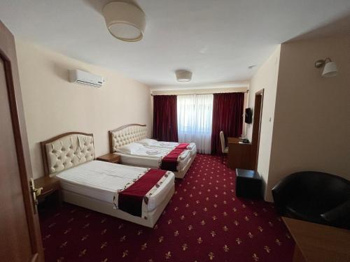 two beds in a hotel room with red carpet at Hostel Paltinis in Hunedoara