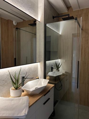 La salle de bains est pourvue d'un lavabo et d'une douche en verre. dans l'établissement Family & Business Elegant Apartments ul Lotnicza Centrum Galeria Korona - 1 Bedroom, Terrace, Air Conditioning, Garage - NEW!, à Kielce