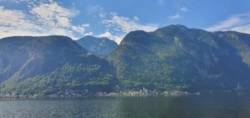 a mountain range with a town in the middle of a lake at Ferienwohnung Brader in Hallstatt