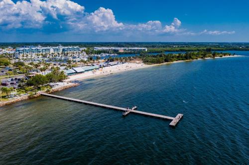 an aerial view of a beach with a dock in the water at TAMPA BAY, BEACH step away, WIFI, FREE PARKING,POOLS, JACUZZI in Ruskin