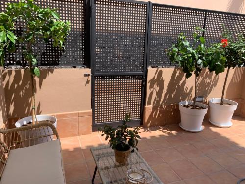 een patio met potplanten en een hek bij Villa View Candesol con Jacuzzi privado in Puerto de Santiago