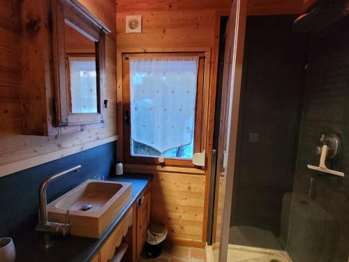 une salle de bain avec un lavabo et une douche avec une fenêtre dans l'établissement Chalet de Charme aux Gets - 6 Pers, 3* avec Navette pour les Pistes et Jardin Privatif - FR-1-598-96, aux Gets