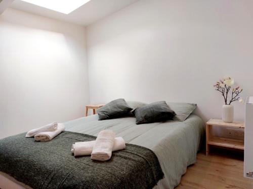 - une chambre avec un lit et 2 serviettes dans l'établissement Odos Tarbes Très beau T3 avec petite terrasse et pkg, à Odos